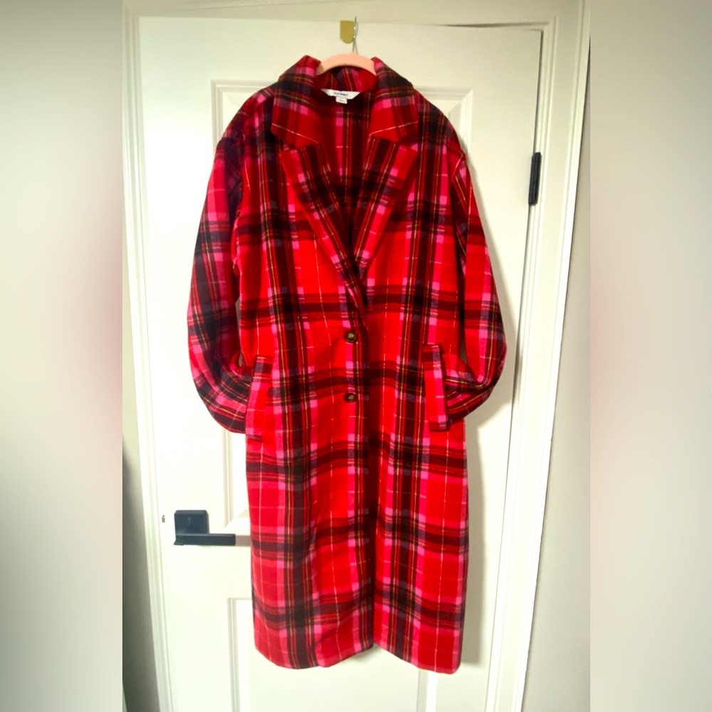 Red/Pink Plaid Brushed Overcoat